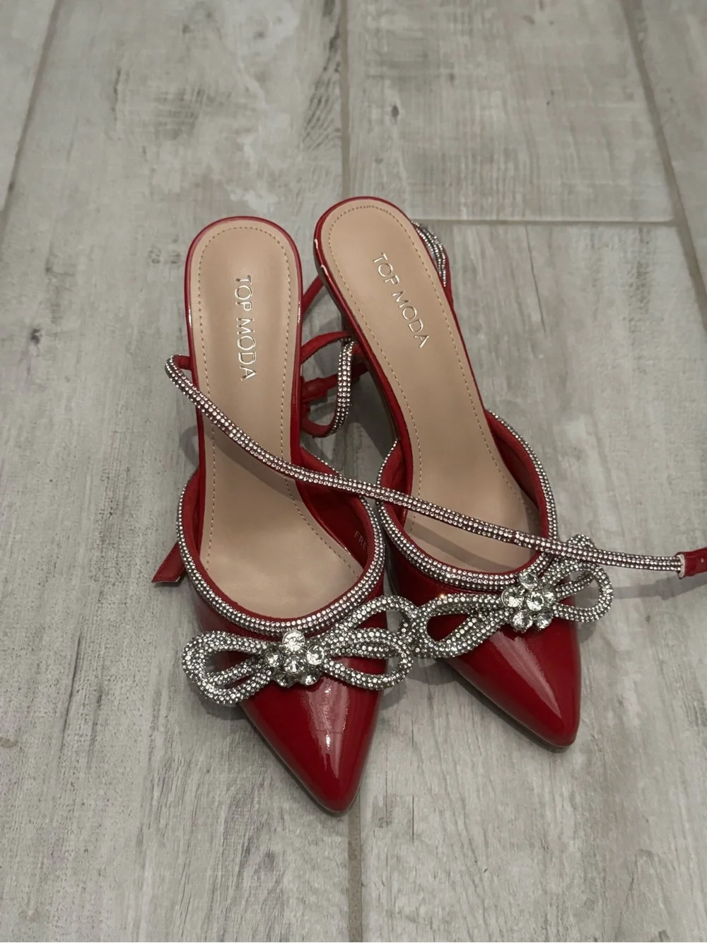 TOP Moda Red Patent Pointed Toe Slingback Heels with Crystal Bow